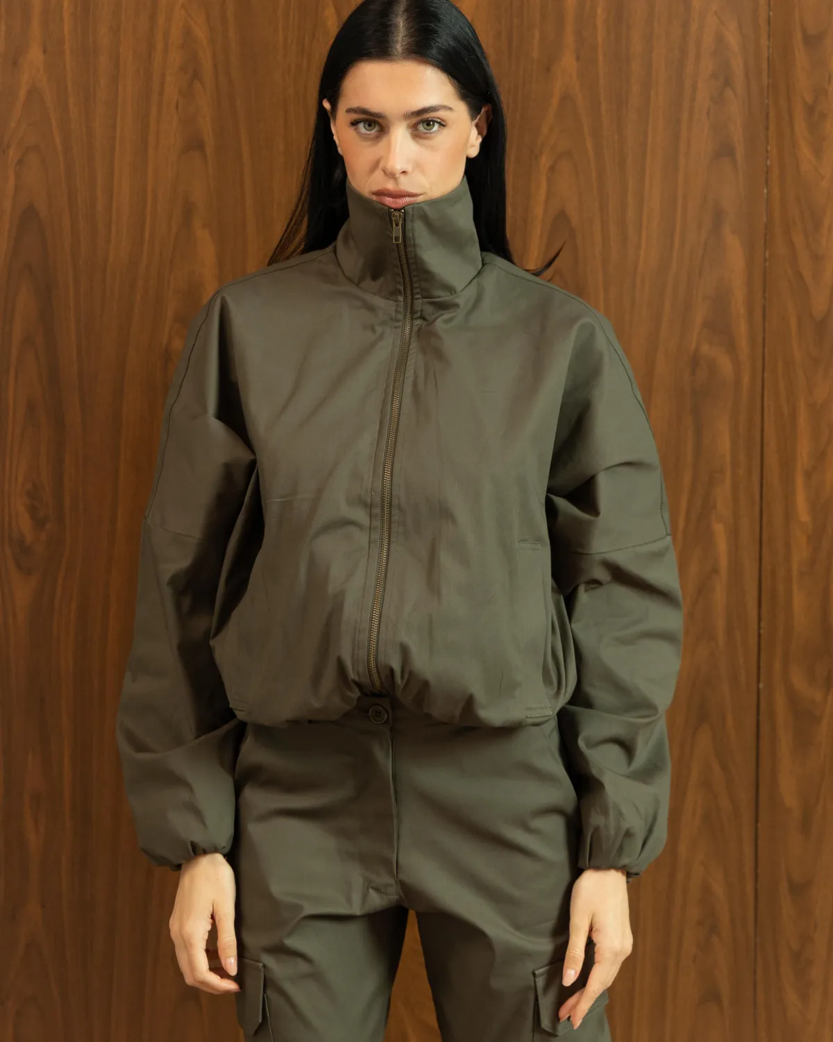 KHAKI CROPPED ZIP-UP JACKET