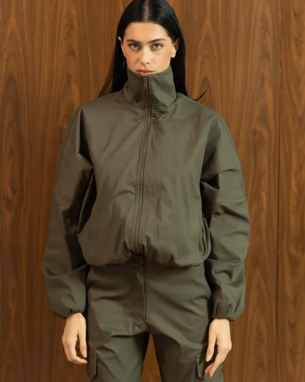 KHAKI CROPPED ZIP-UP JACKET