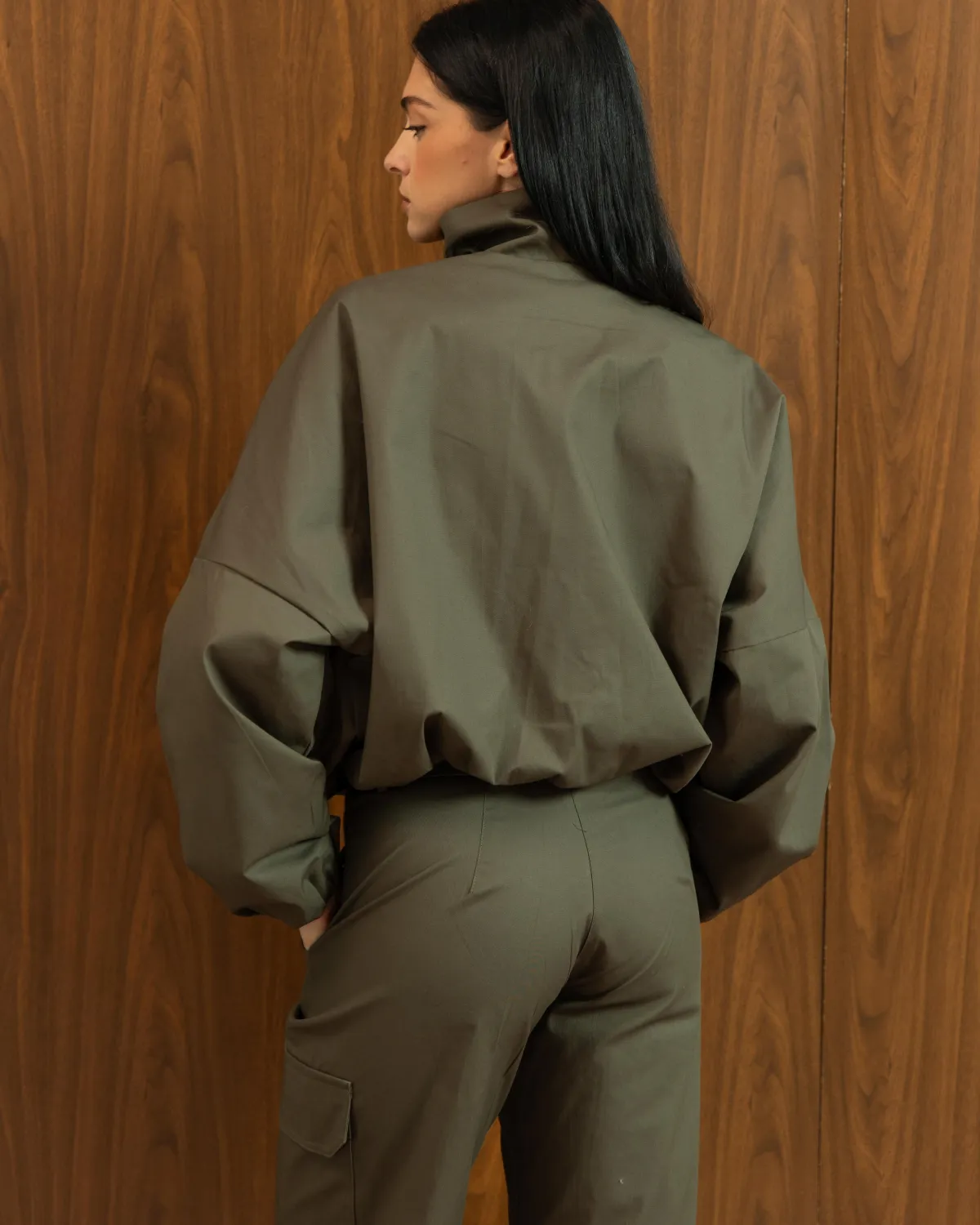 KHAKI CROPPED ZIP-UP JACKET