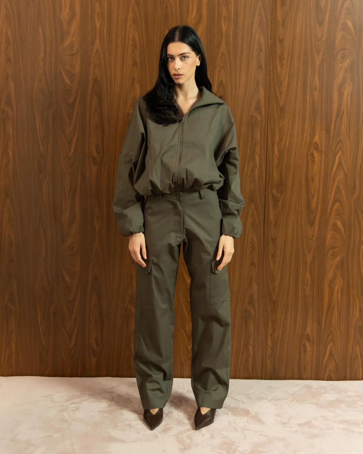 KHAKI WIDE-LEG CARGO TROUSERS