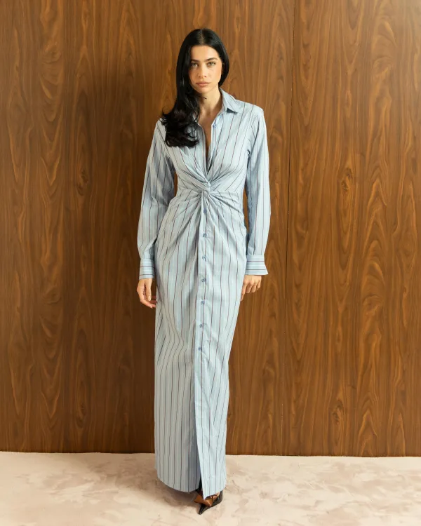 BLUE STRIPED TWIST MAXI DRESS
