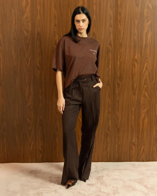 BROWN PINSTRIPE WIDE-LEG TROUSERS