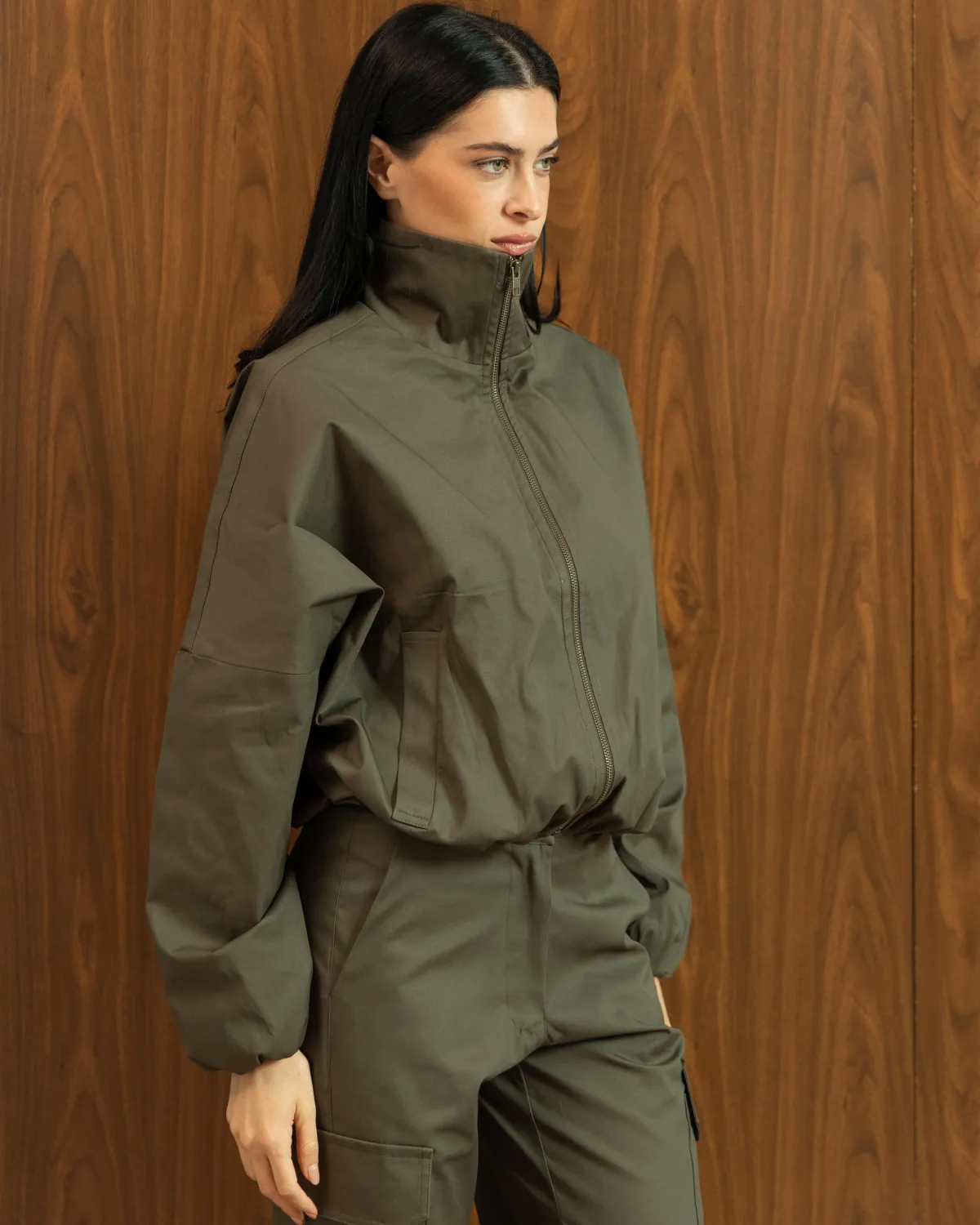 KHAKI CROPPED ZIP-UP JACKET