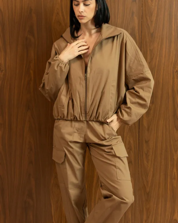 BEIGE CROPPED ZIP-UP JACKET