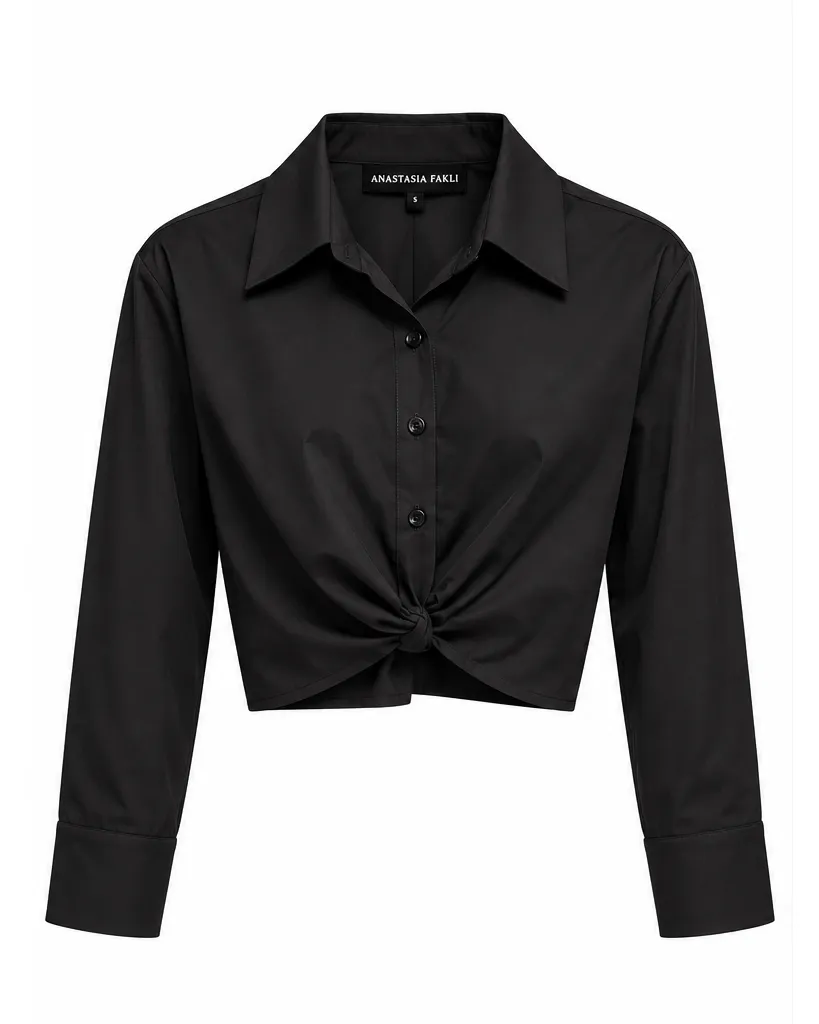 BLACK TWIST FRONT CROPPED SHIRT