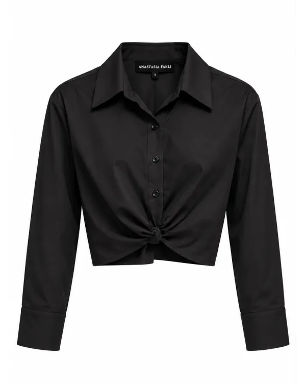 BLACK TWIST FRONT CROPPED SHIRT