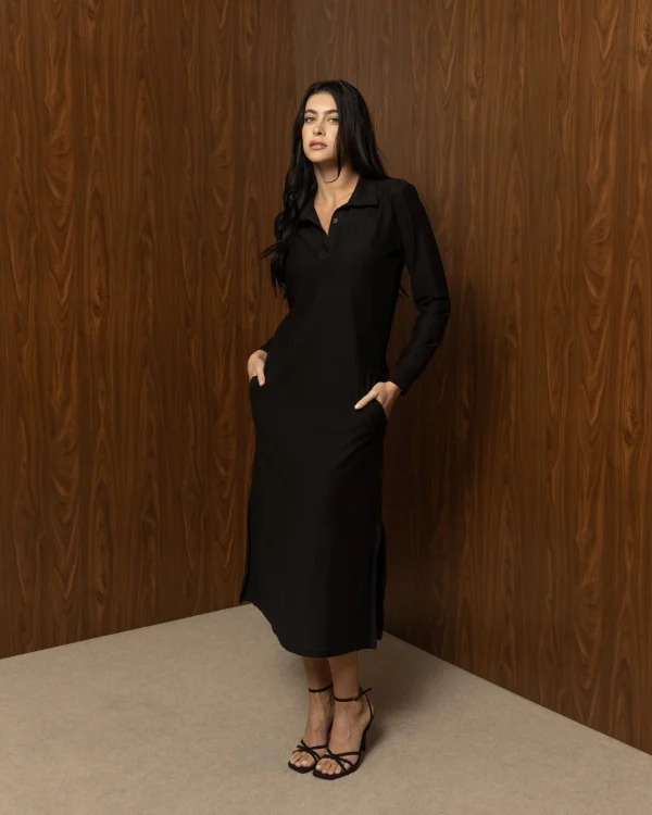 EVERYDAY BLACK DRESS – Μαύρο βαμβακερό φόρεμα με ζώνη και μακρύ μανίκι - Image 2